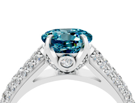 White gold Round Cut Blue Topaz Solitaire Ring with Three-Row Pavé Band and Four-Prong Setting_16
