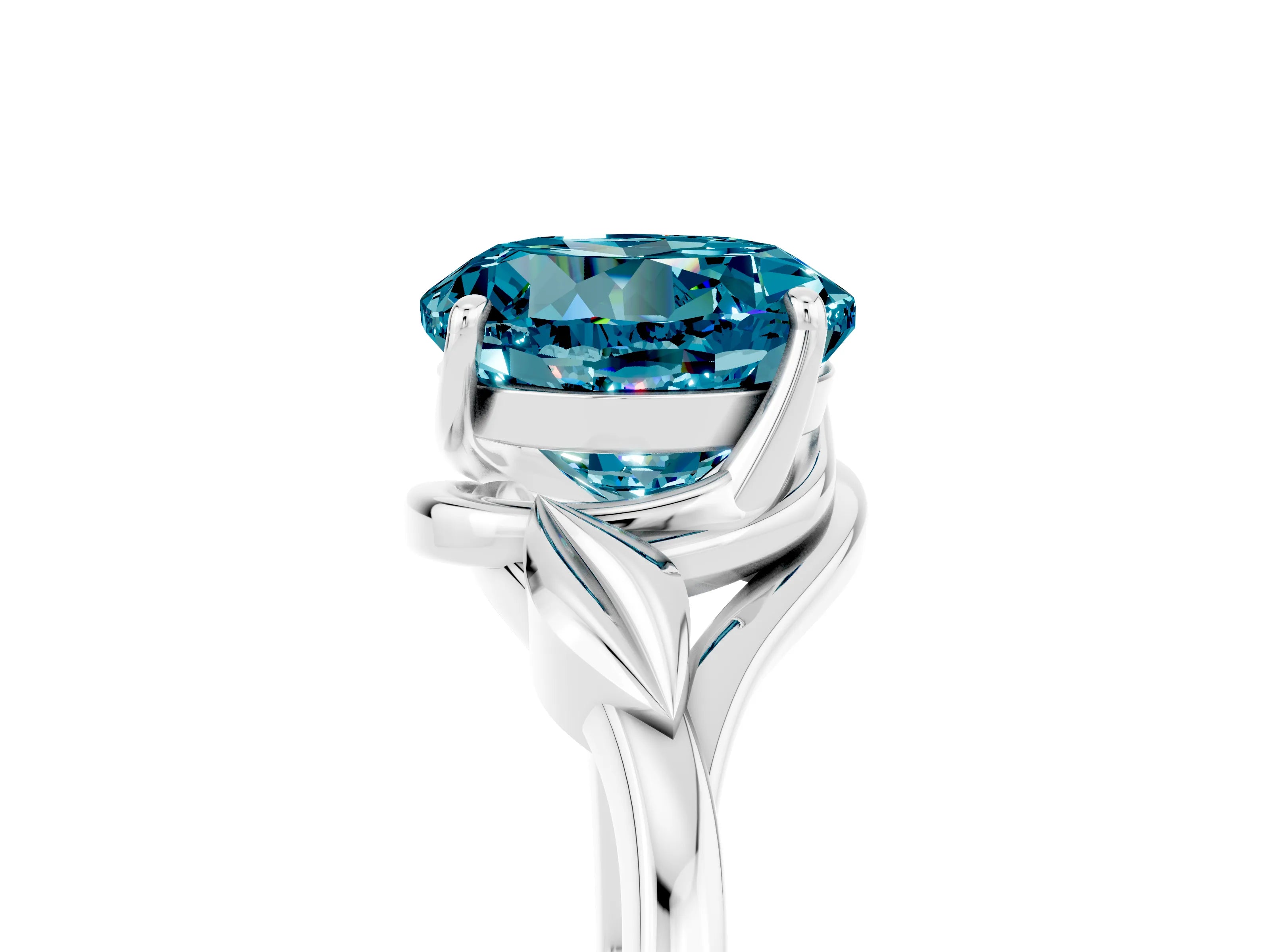 White gold Round Cut Blue Topaz Solitaire Ring with Twist Band and Four-Prong Setting_17
