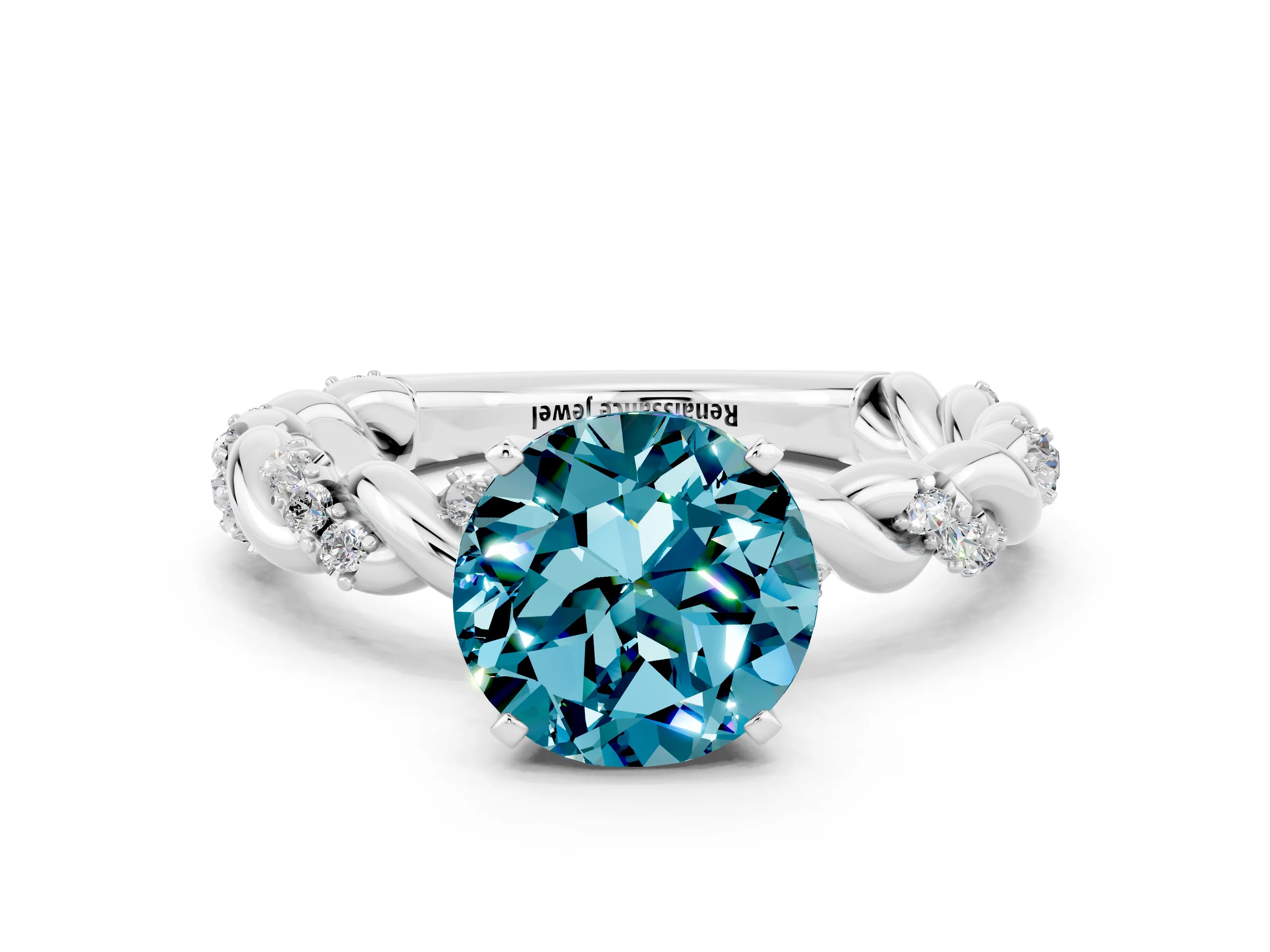 White gold Round Cut Blue Topaz Solitaire Ring with Twisted Band and Pavé Accents