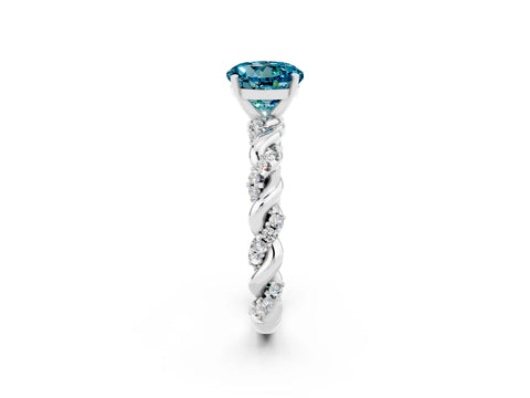 White gold Round Cut Blue Topaz Solitaire Ring with Twisted Band and Pavé Accents_2
