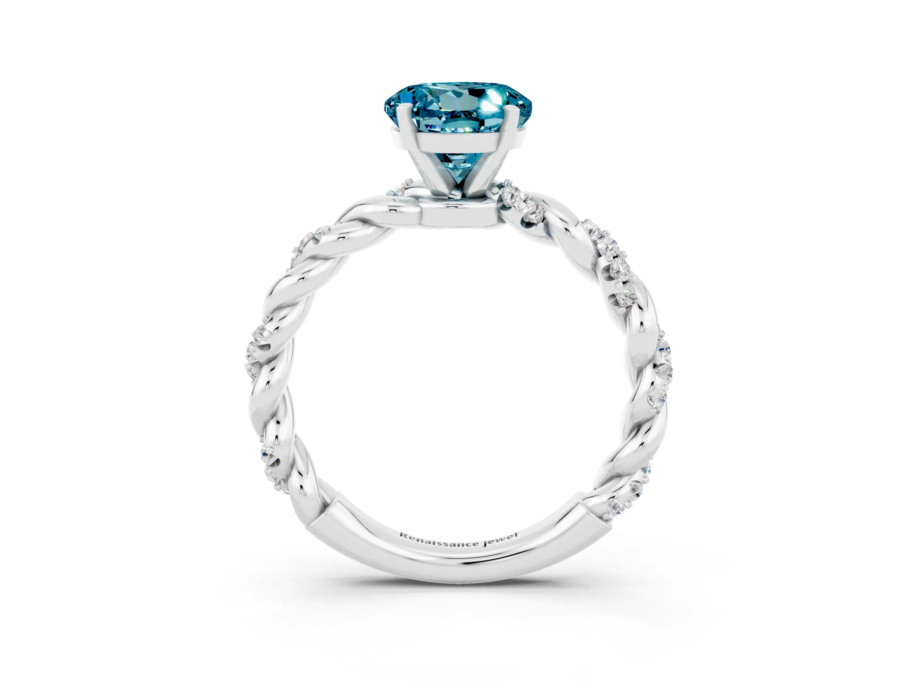 White gold Round Cut Blue Topaz Solitaire Ring with Twisted Band and Pavé Accents_3