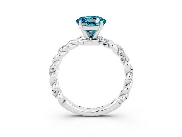 Silver Round Cut Blue Topaz Solitaire Ring with Twisted Band and Pavé Accents
