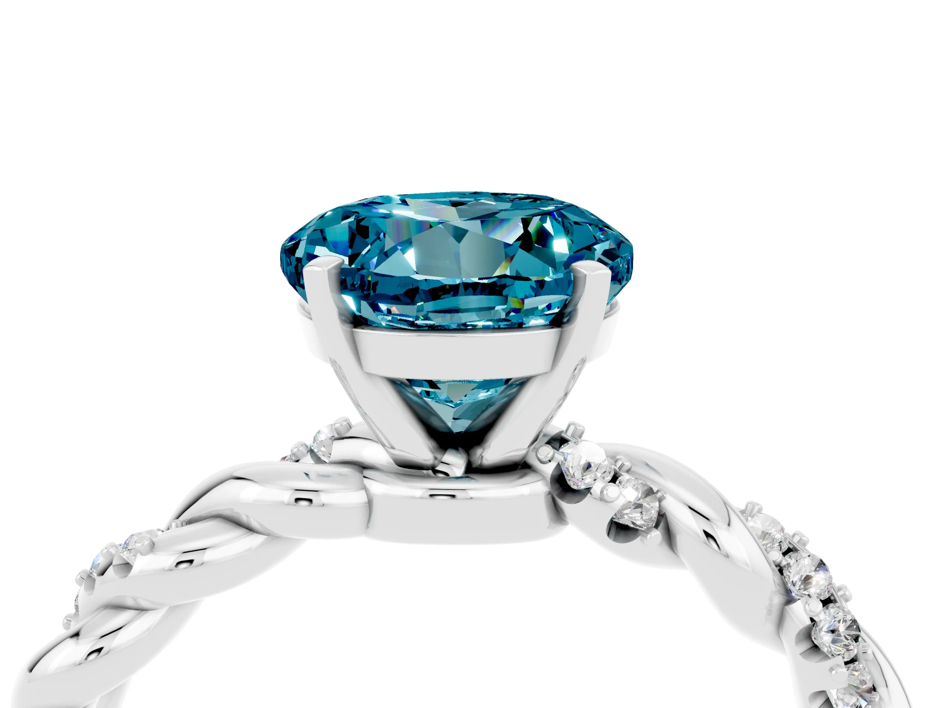 White gold Round Cut Blue Topaz Solitaire Ring with Twisted Band and Pavé Accents_4