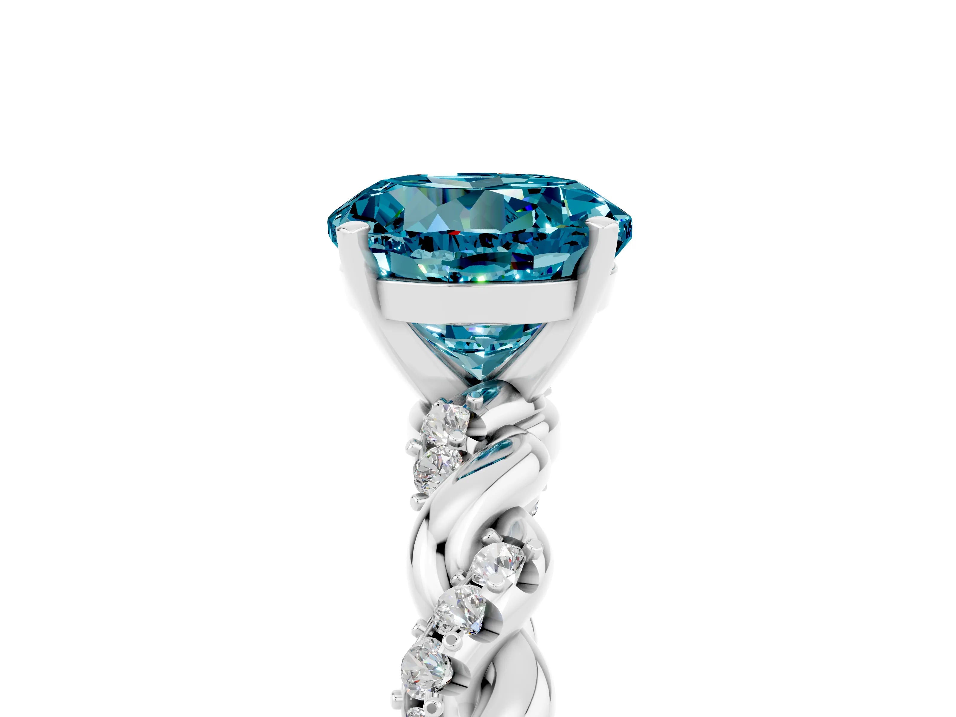 White gold Round Cut Blue Topaz Solitaire Ring with Twisted Band and Pavé Accents_5
