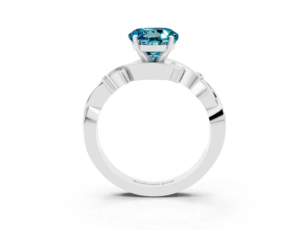 White gold Round Cut Blue Topaz Solitaire Ring with Twisted Band and Prong Setting