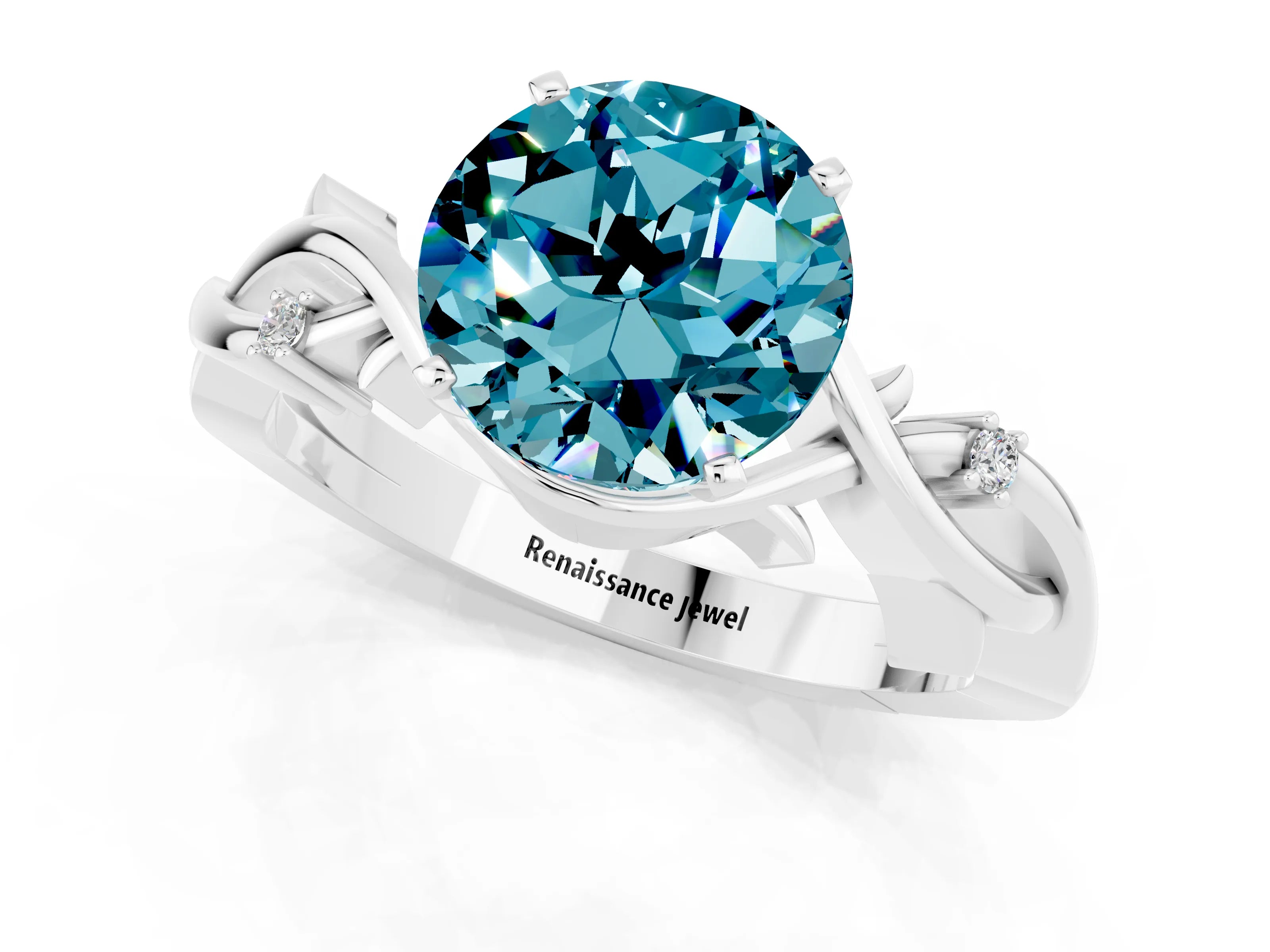 White gold Round Cut Blue Topaz Solitaire Ring with Twisted Band and Prong Setting_1