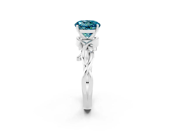 Silver Round Cut Blue Topaz Solitaire Ring with Twisted Band and Prong Setting