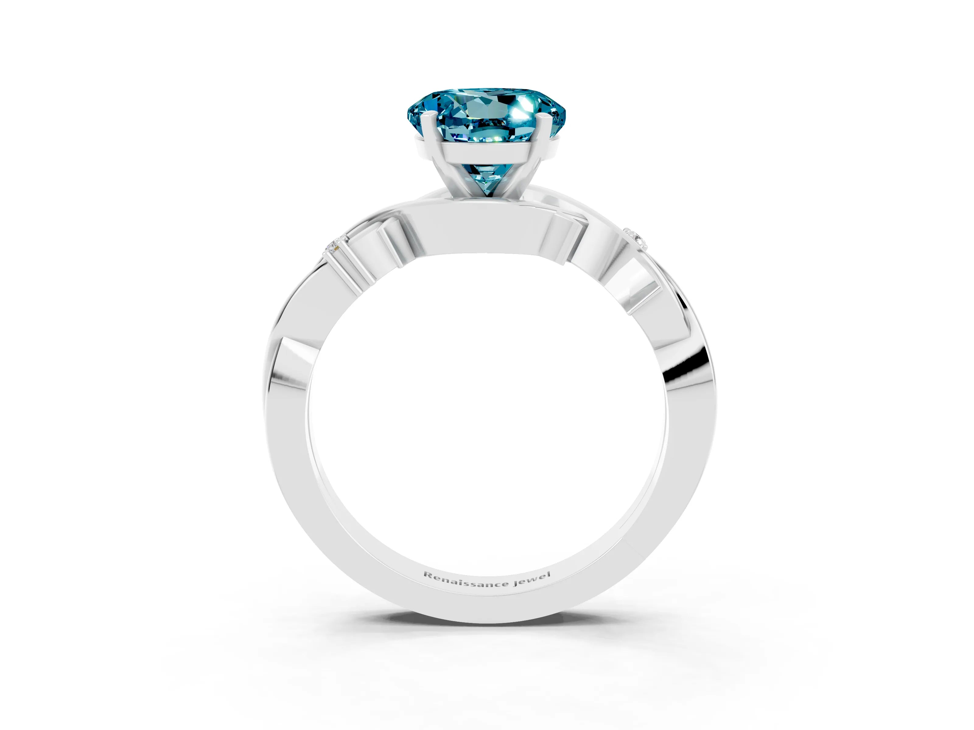 White gold Round Cut Blue Topaz Solitaire Ring with Twisted Band and Prong Setting_3
