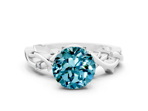 White gold Round Cut Blue Topaz Solitaire Ring with Twisted Band and Prong Setting