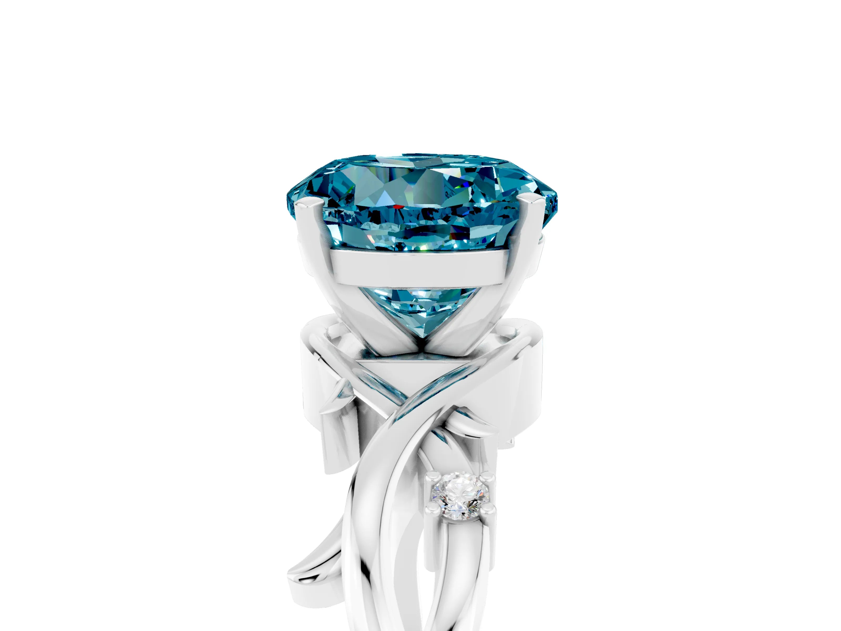 White gold Round Cut Blue Topaz Solitaire Ring with Twisted Band and Prong Setting_5