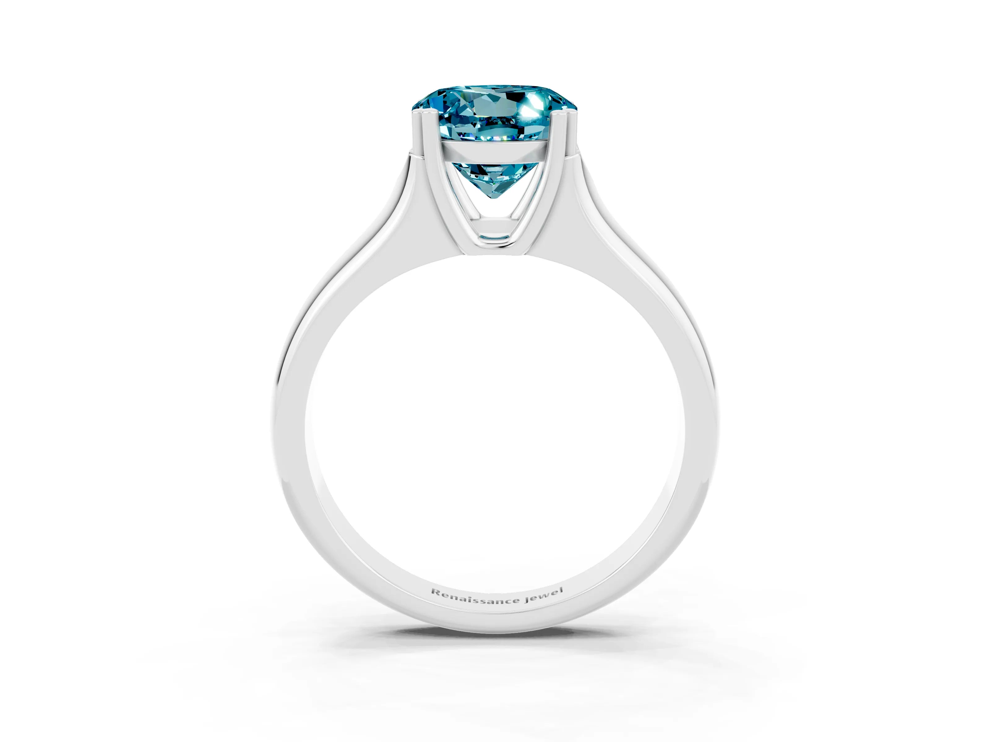 White gold Round Cut Blue Topaz Solitaire Ring with Wide Band and Prong Setting_3