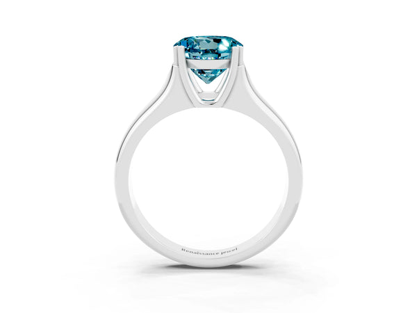 White gold Round Cut Blue Topaz Solitaire Ring with Wide Band and Prong Setting