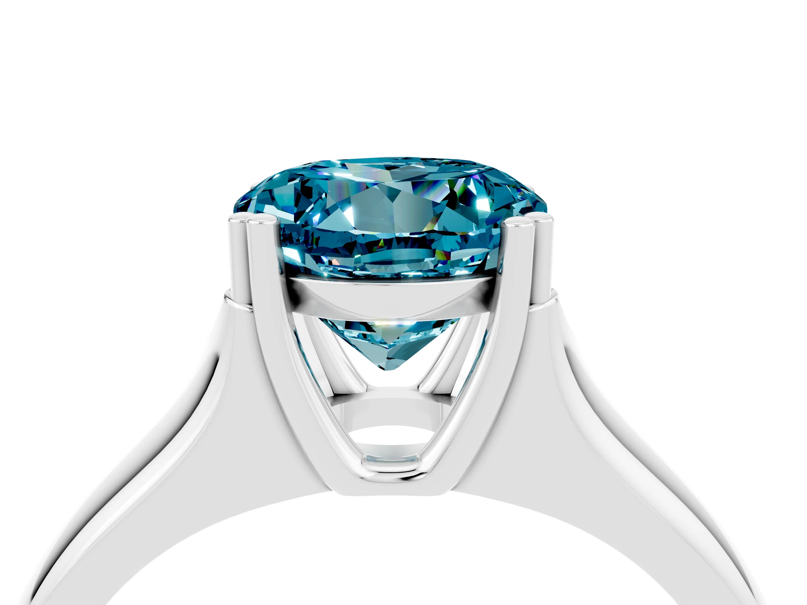 White gold Round Cut Blue Topaz Solitaire Ring with Wide Band and Prong Setting_4