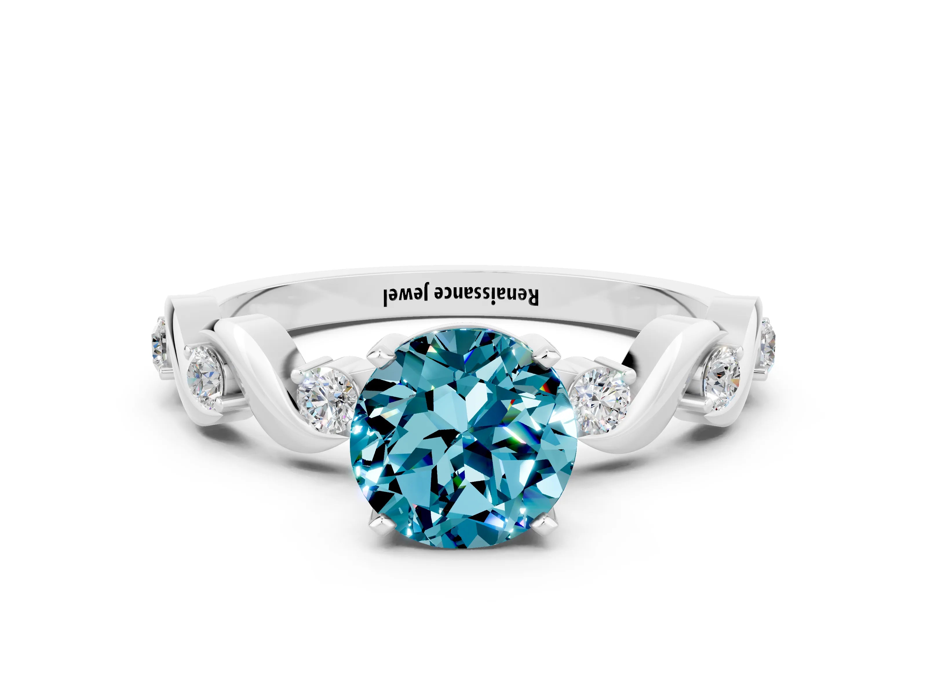 White gold Round Cut Blue Topaz Solitaire Twisted Band with Round  Accents and Prong Setting_12