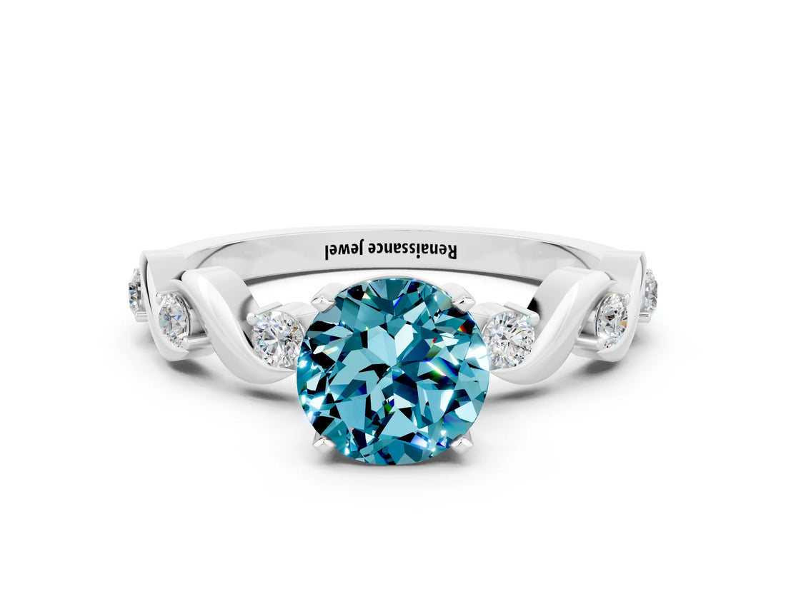 White gold Round Cut Blue Topaz Solitaire Twisted Band with Round  Accents and Prong Setting_12