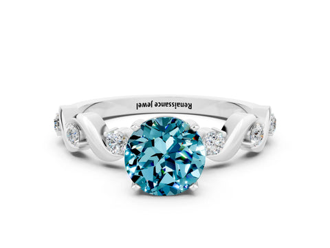 White gold Round Cut Blue Topaz Solitaire Twisted Band with Round  Accents and Prong Setting_12