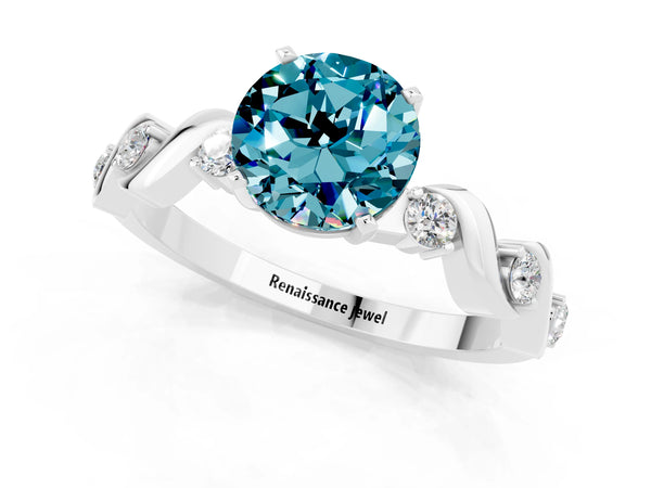 Platinum Round Cut Blue Topaz Solitaire Twisted Band with Round  Accents and Prong Setting