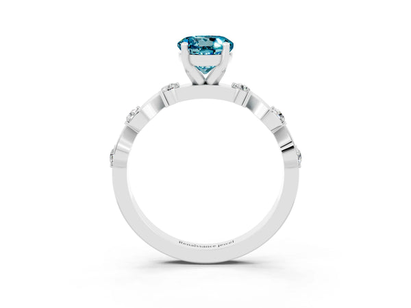 Platinum Round Cut Blue Topaz Solitaire Twisted Band with Round  Accents and Prong Setting