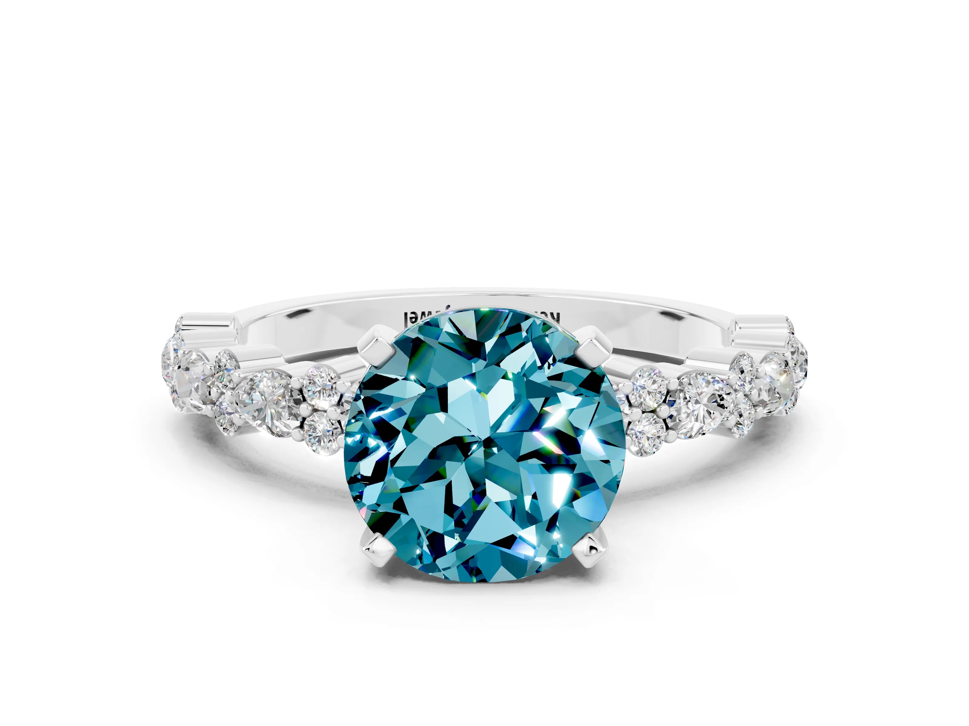 White gold Round Cut Blue Topaz Solitaire with Side Stones, Pave Band, Four-Prong Setting_48