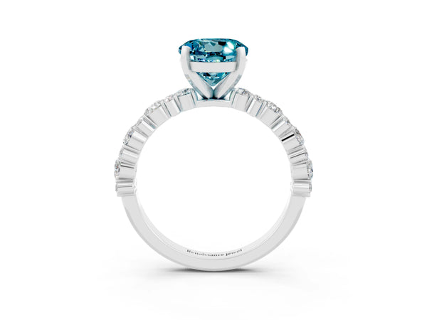 White gold Round Cut Blue Topaz Side Stone Solitaire Ring with Round  and Four-Prong Setting