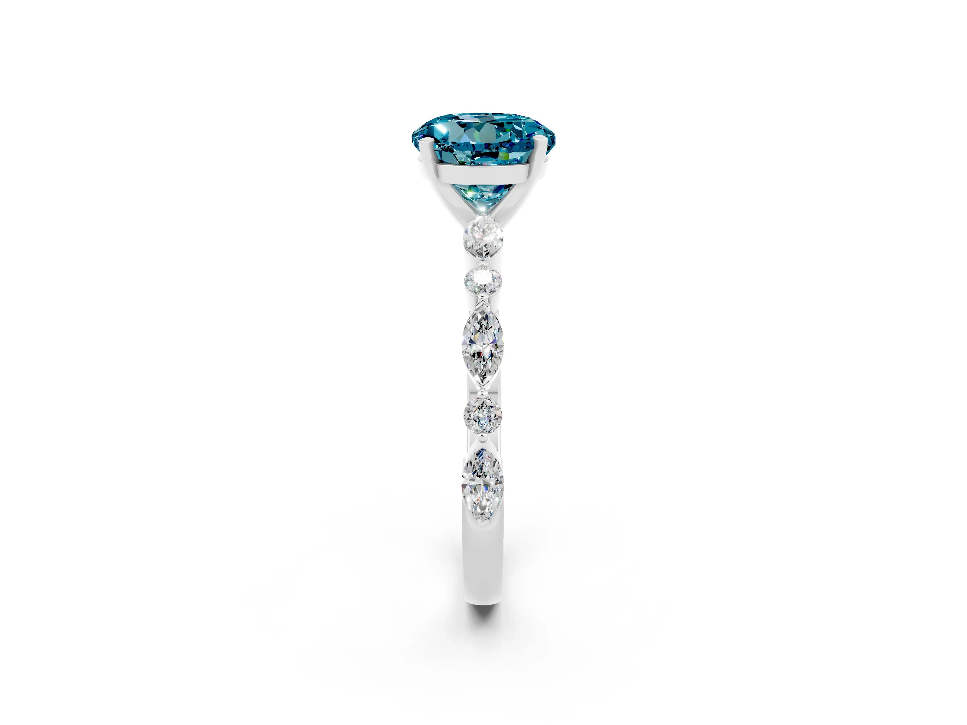 White gold Round Cut Blue Topaz Solitaire with Side Stones on a Pavé Band and Four-Prong Setting_2