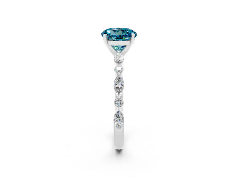 White gold Round Cut Blue Topaz Solitaire with Side Stones on a Pavé Band and Four-Prong Setting_2