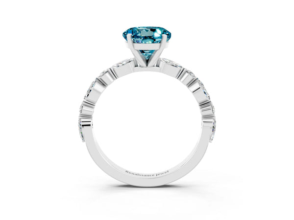 Platinum Round Cut Blue Topaz Ring with Marquise and Round  Side Stones and Four-Prong Setting