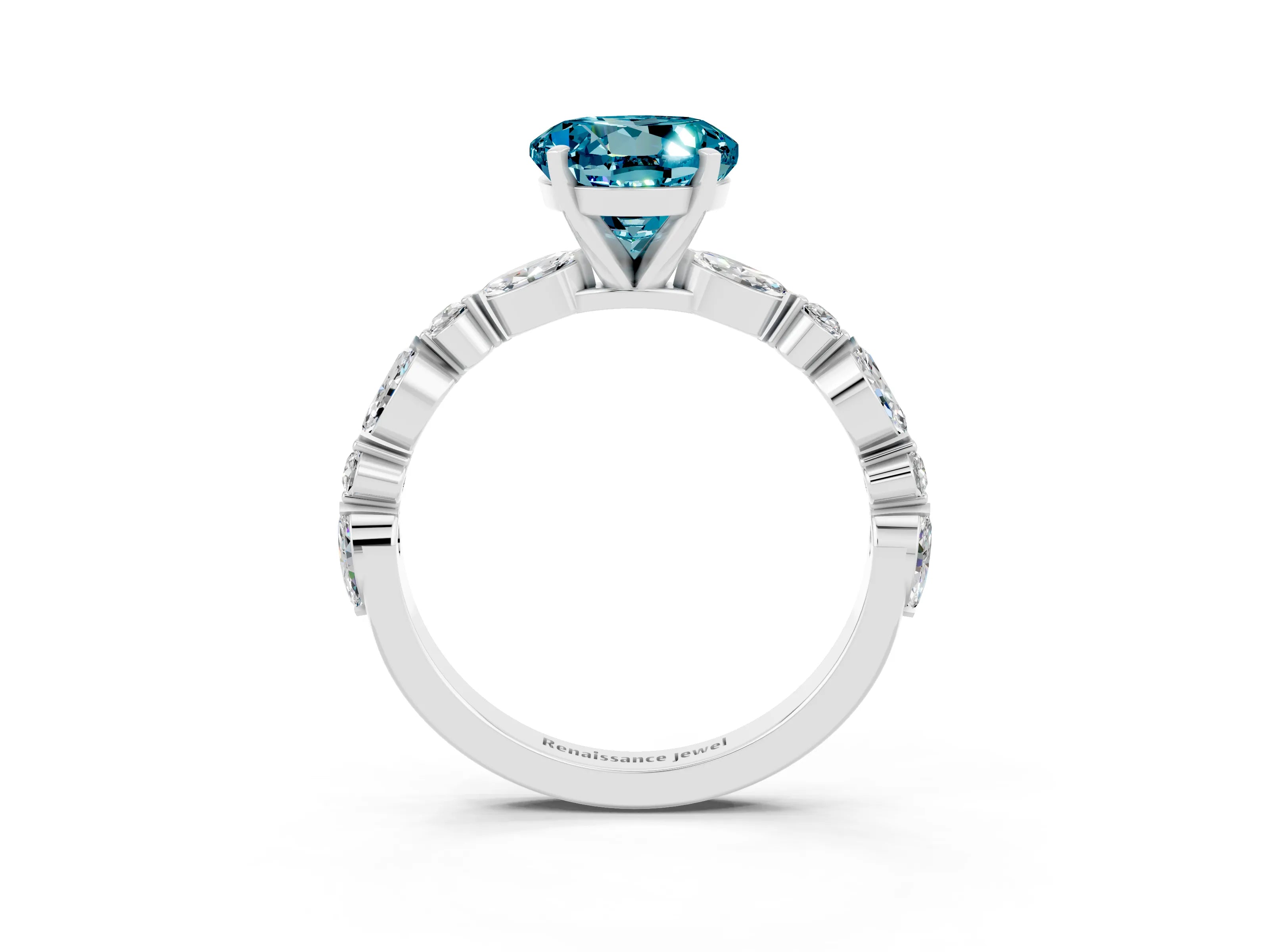 White gold Round Cut Blue Topaz Solitaire with Side Stones on a Pavé Band and Four-Prong Setting_3