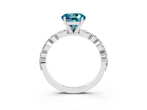 White gold Round Cut Blue Topaz Solitaire with Side Stones on a Pavé Band and Four-Prong Setting_3