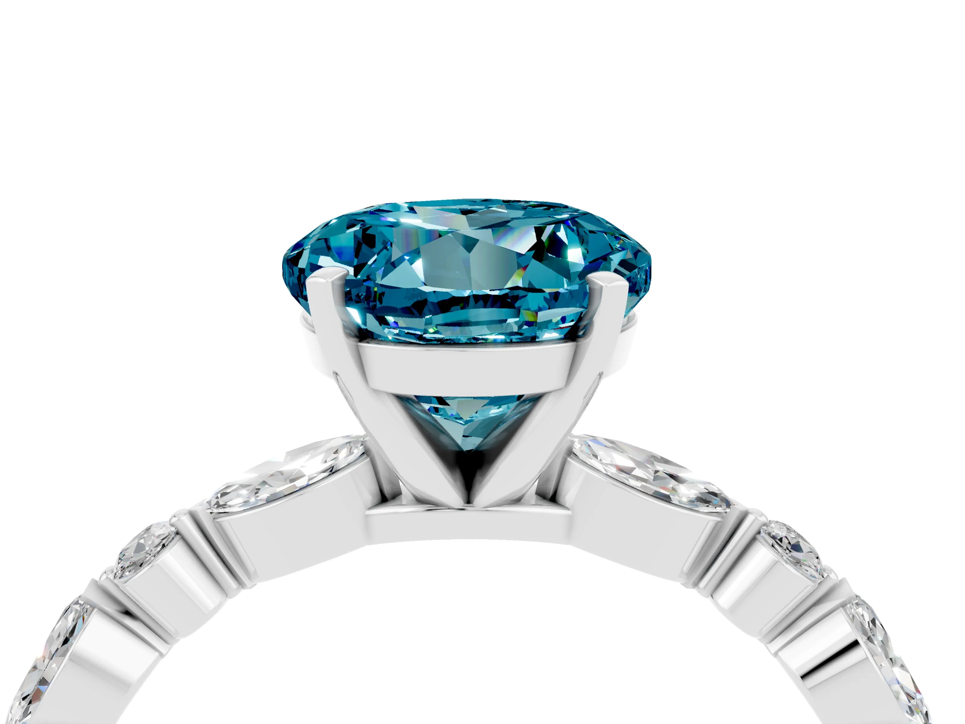 White gold Round Cut Blue Topaz Solitaire with Side Stones on a Pavé Band and Four-Prong Setting_4