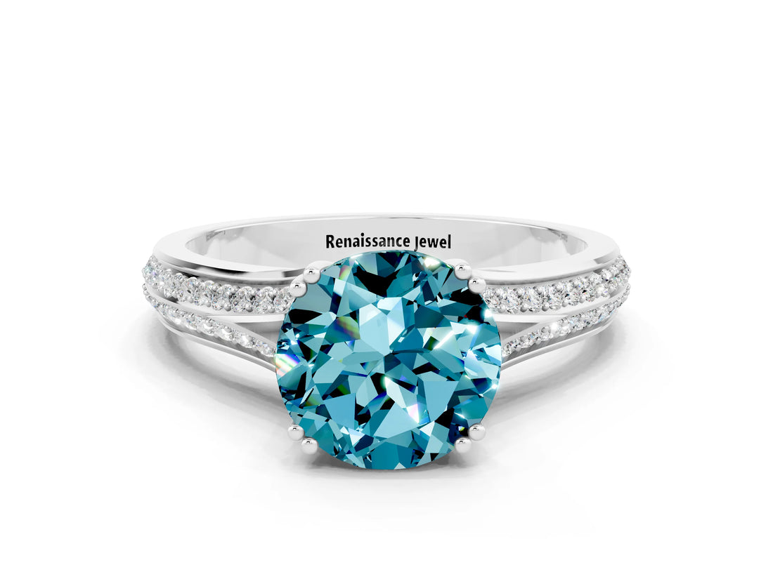 White gold Round Cut Blue Topaz Split Shank Engagement Ring with Pavé Band