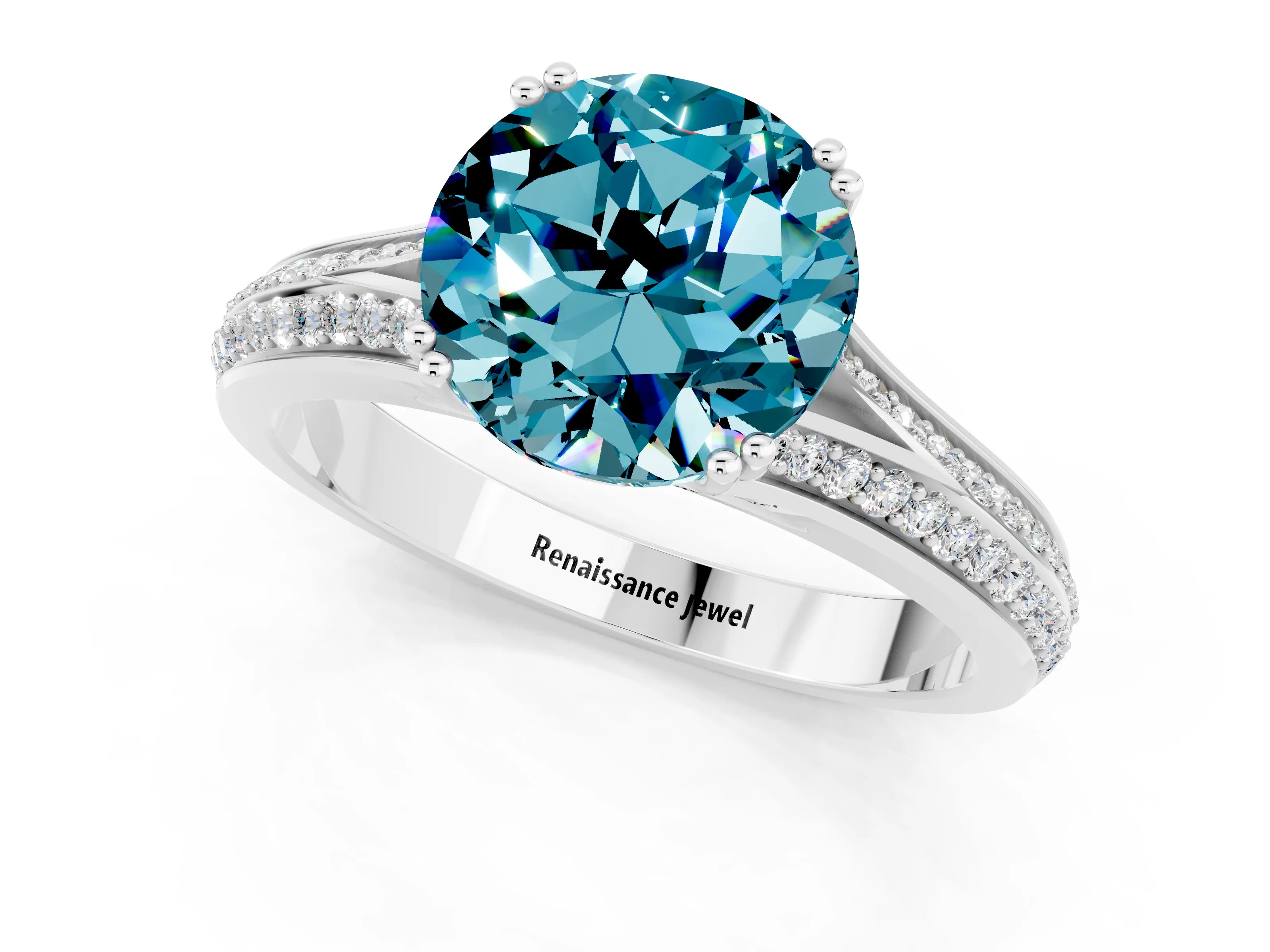 White gold Round Cut Blue Topaz Split Shank Engagement Ring with Pavé Band_1
