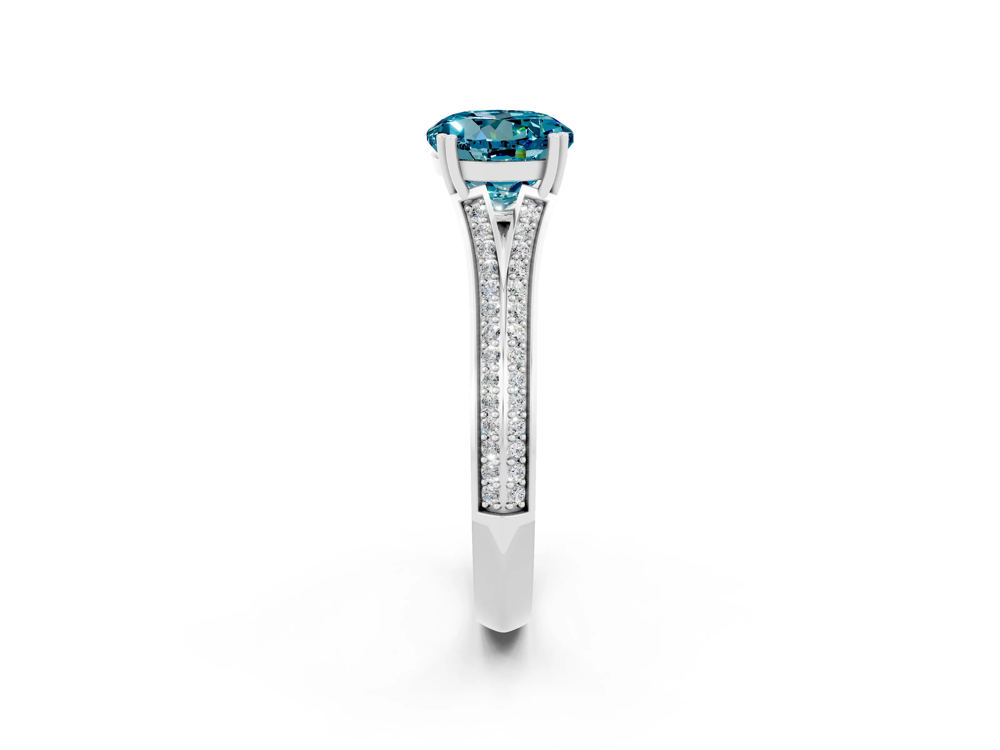 White gold Round Cut Blue Topaz Split Shank Engagement Ring with Pavé Band_2