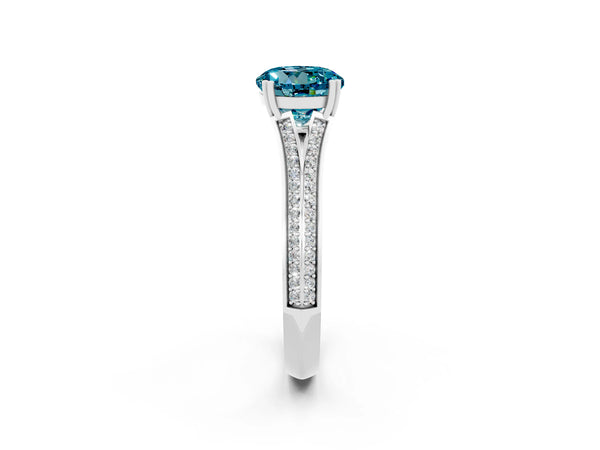 White gold Round Cut Blue Topaz Split Shank Engagement Ring with Pavé Band