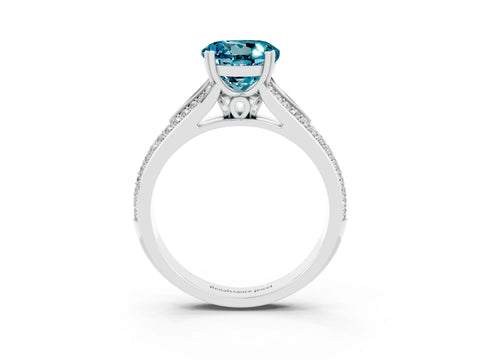 White gold Round Cut Blue Topaz Split Shank Engagement Ring with Pavé Band_3