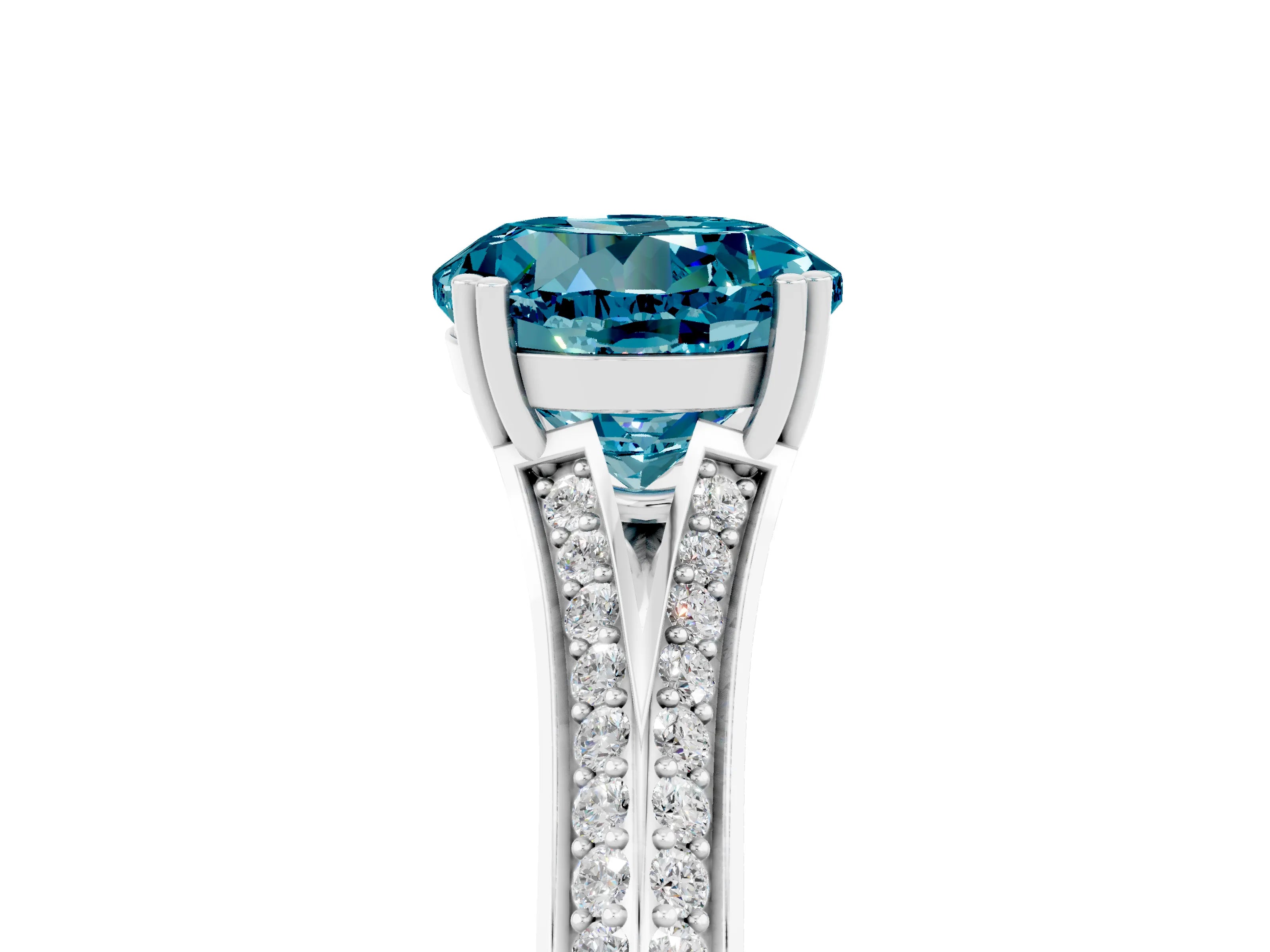 White gold Round Cut Blue Topaz Split Shank Engagement Ring with Pavé Band_5