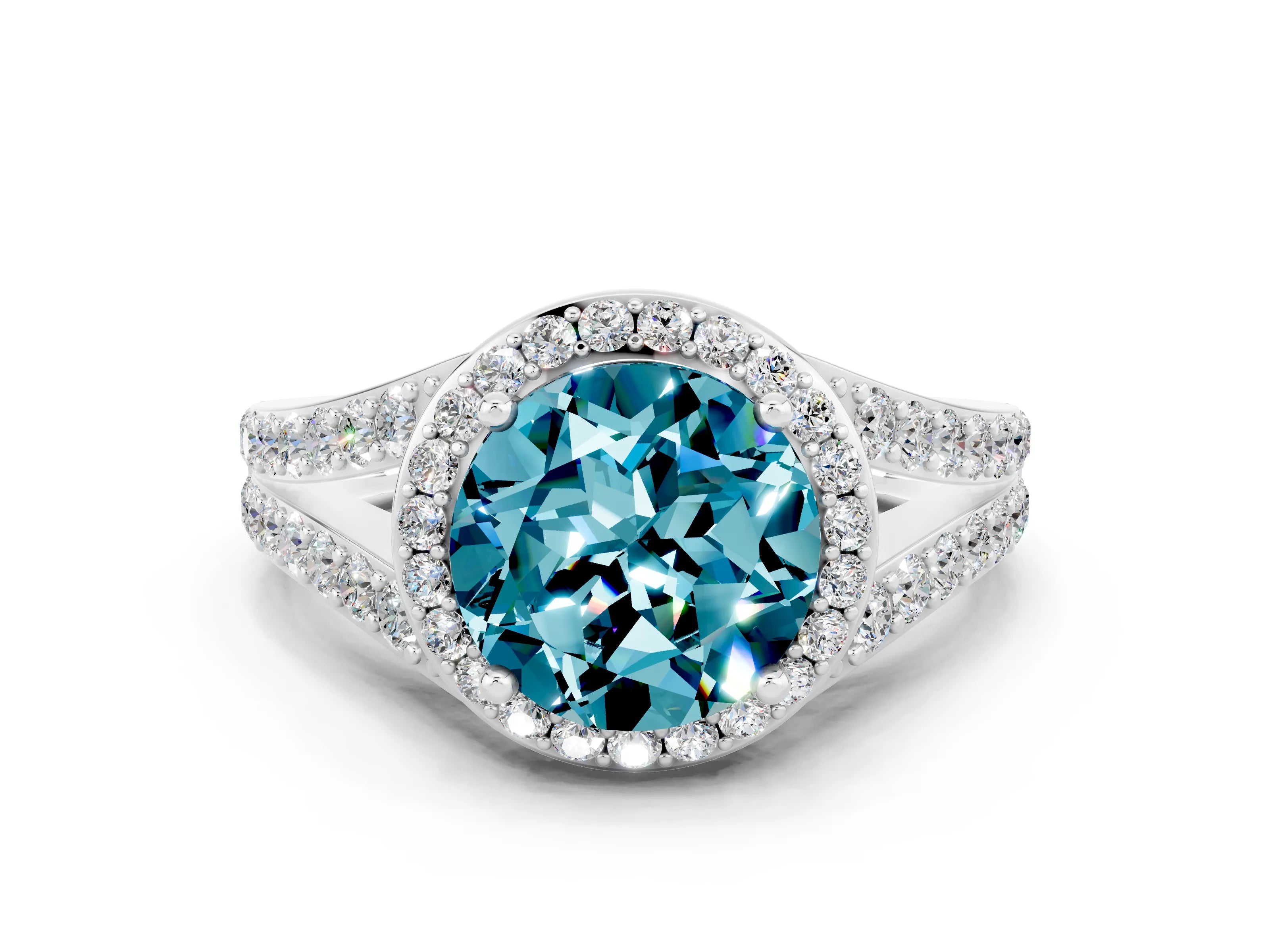 White gold Round Cut Blue Topaz Split Shank Halo Ring with Four-Prong Setting_12