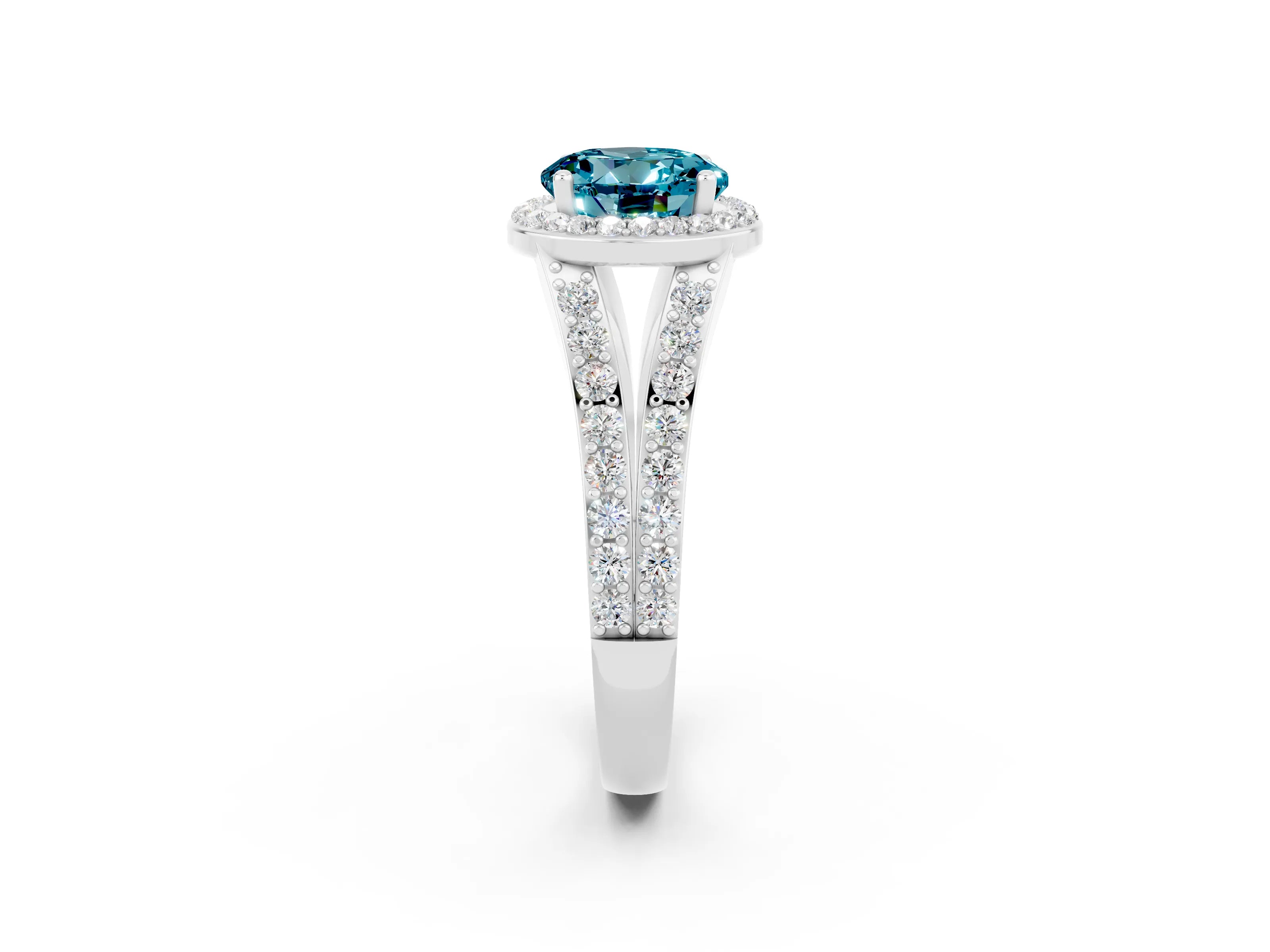 White gold Round Cut Blue Topaz Split Shank Halo Ring with Four-Prong Setting_14
