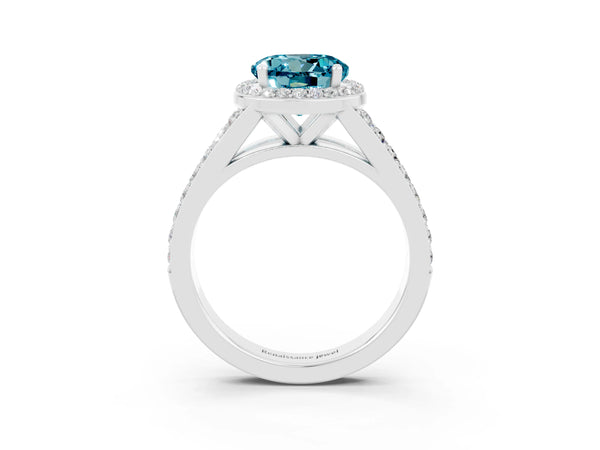 Silver Round Cut Blue Topaz Split Shank Halo Ring with Four-Prong Setting
