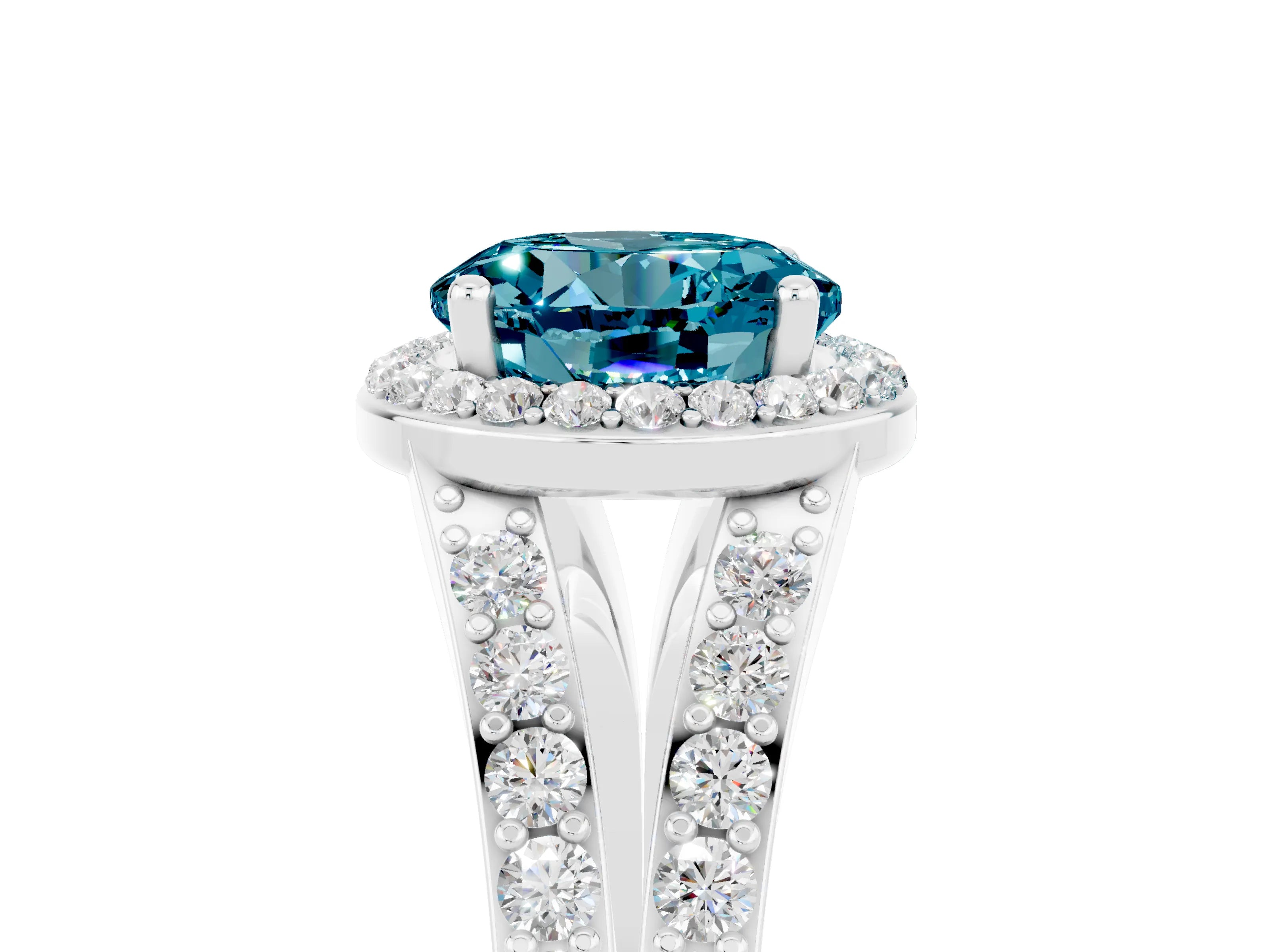 White gold Round Cut Blue Topaz Split Shank Halo Ring with Four-Prong Setting_17