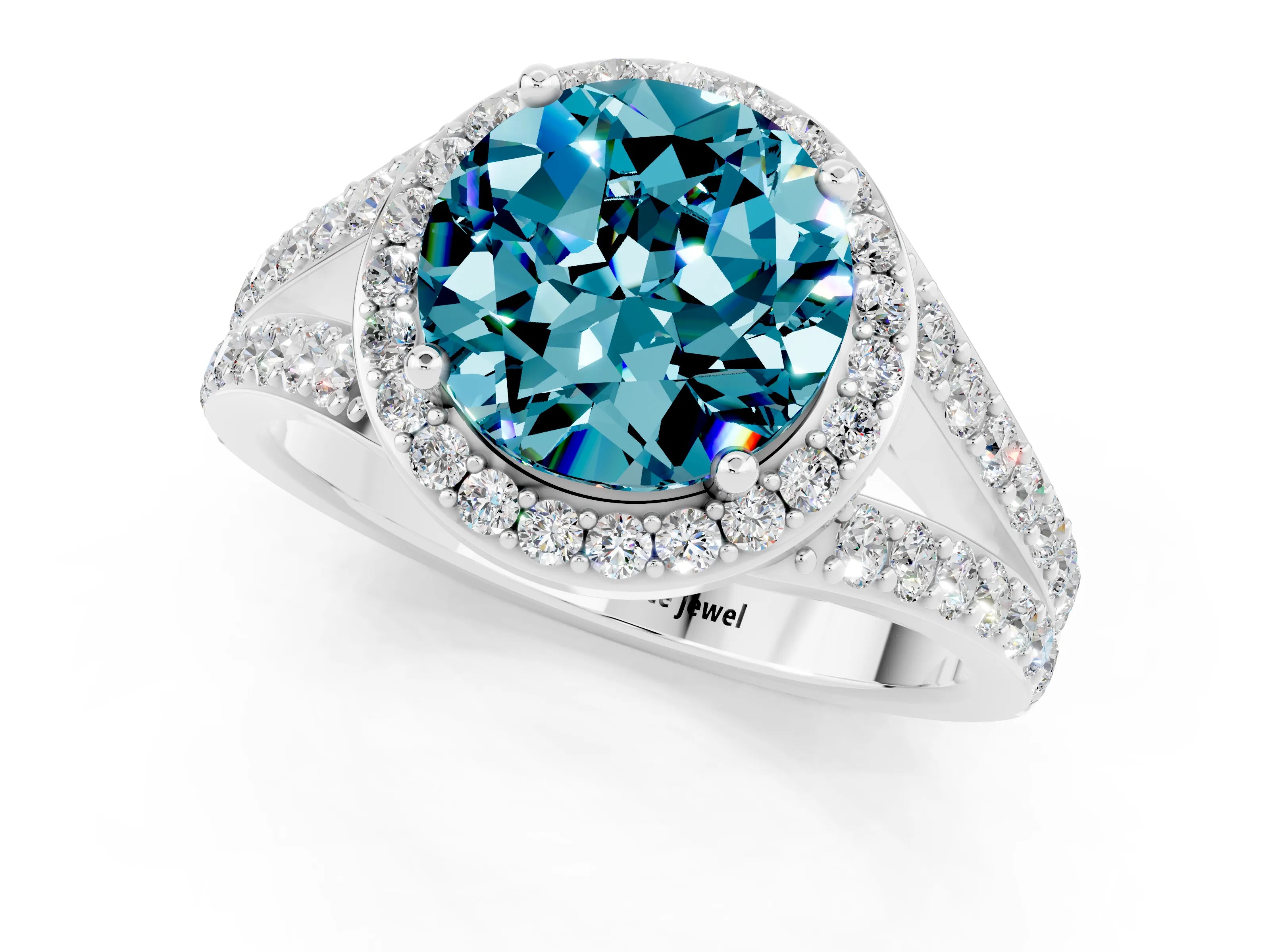 White gold Round Cut Blue Topaz Split Shank Halo Ring with Four-Prong Setting_25