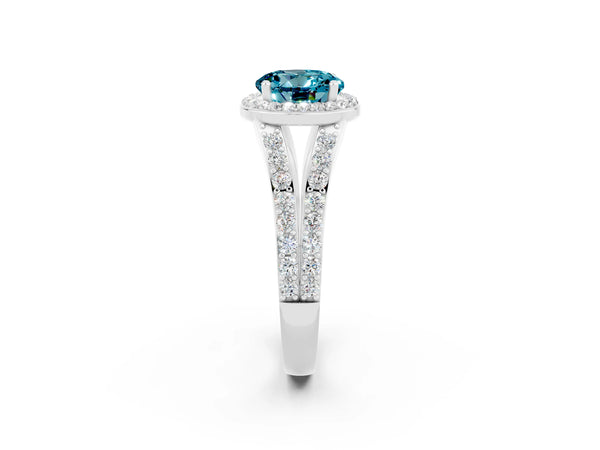 White gold Round Cut Blue Topaz Split Shank Halo Ring with Four-Prong Setting