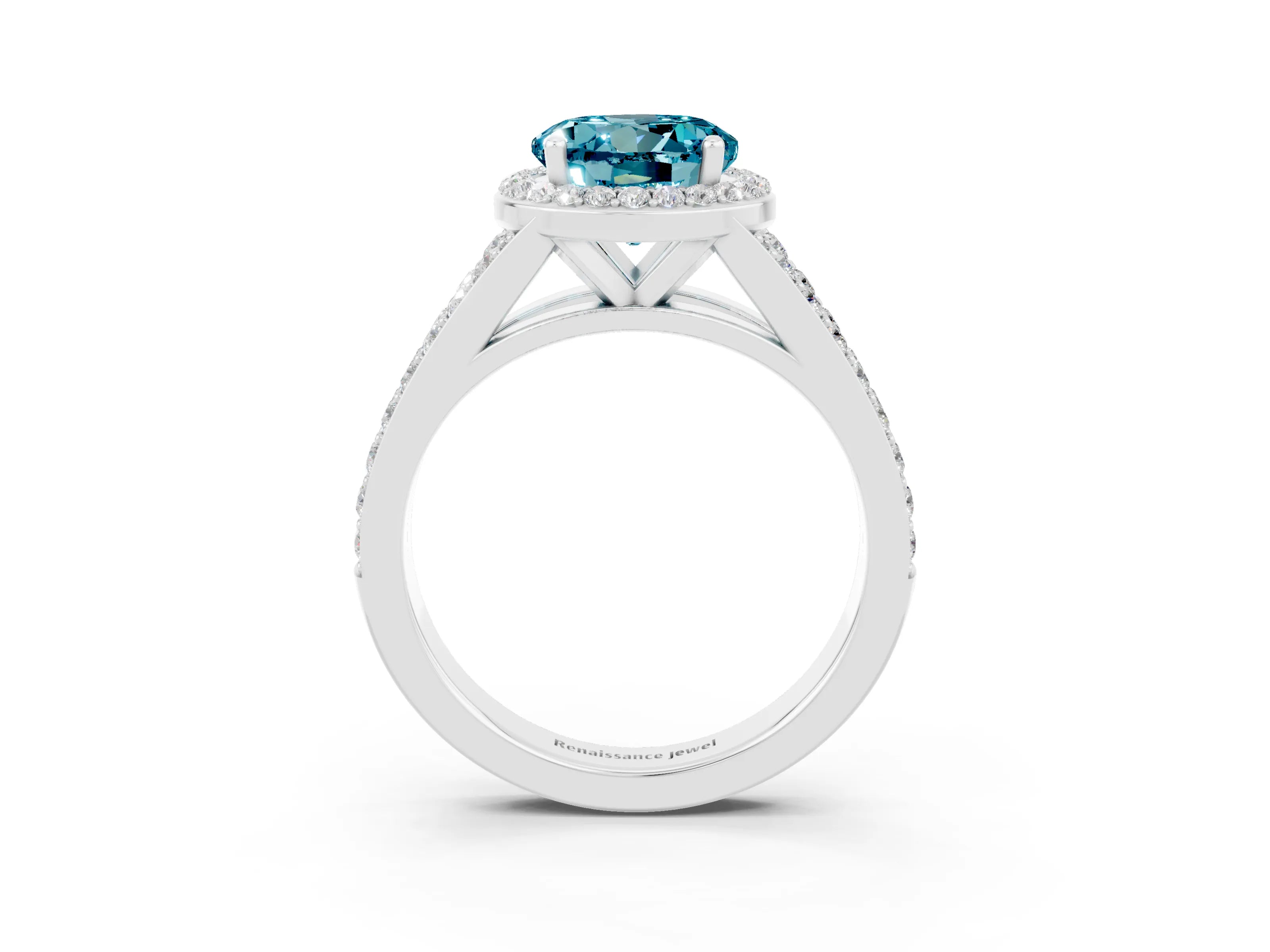 White gold Round Cut Blue Topaz Split Shank Halo Ring with Four-Prong Setting_27