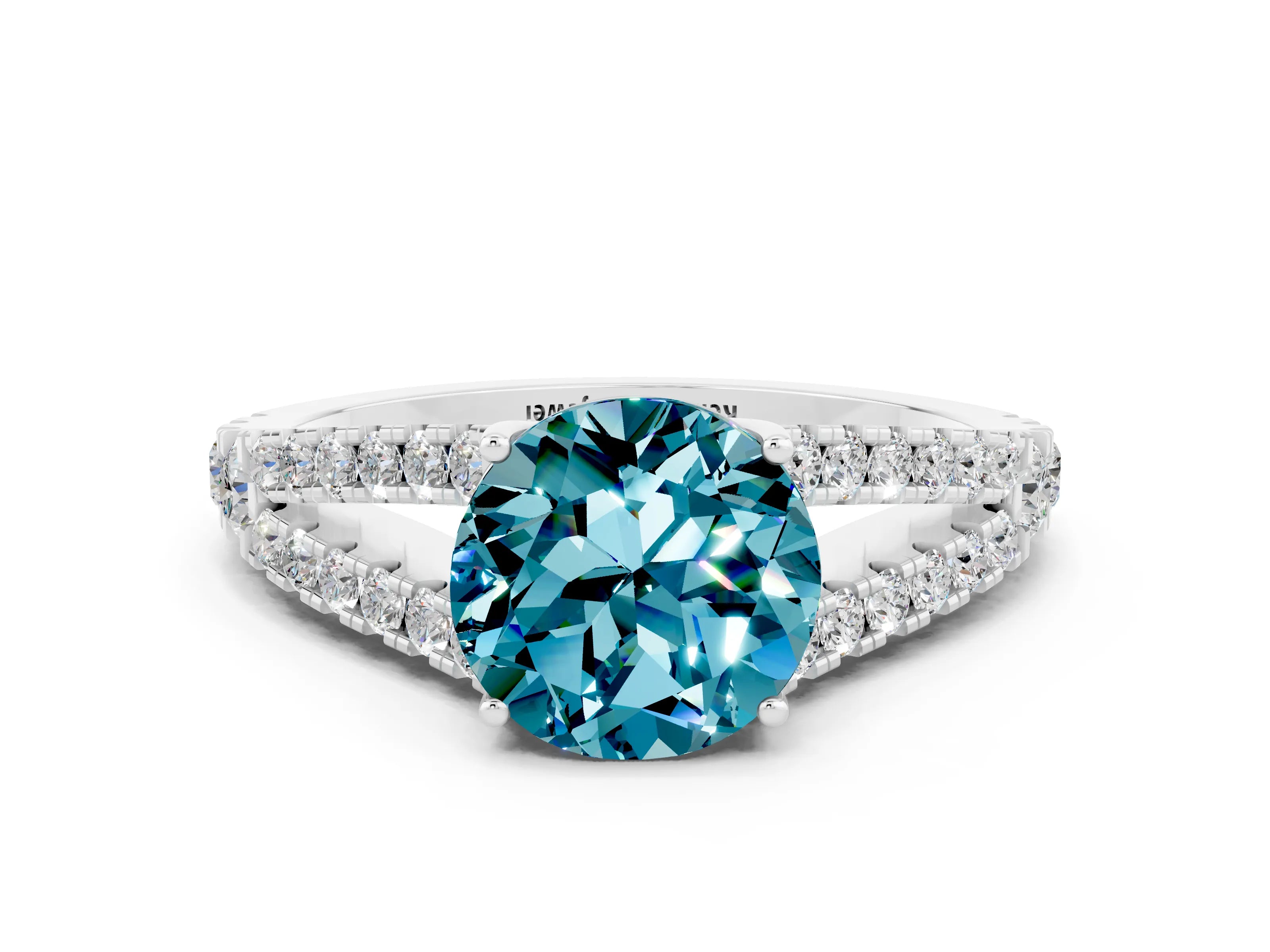 White gold Round Cut Blue Topaz Split Shank Pavé Engagement Ring with Four-Prong Setting_12