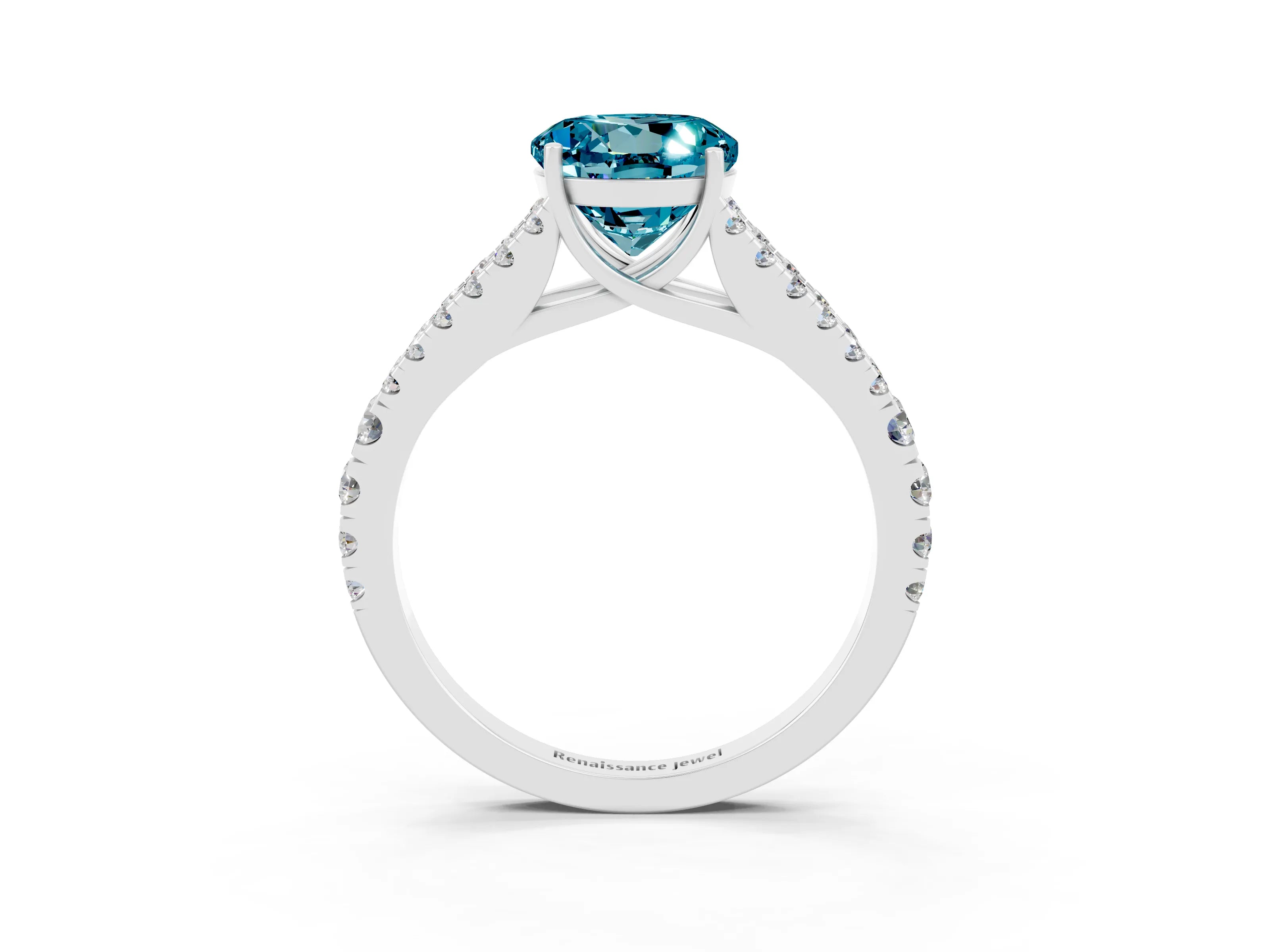 White gold Round Cut Blue Topaz Split Shank Pavé Engagement Ring with Four-Prong Setting_15