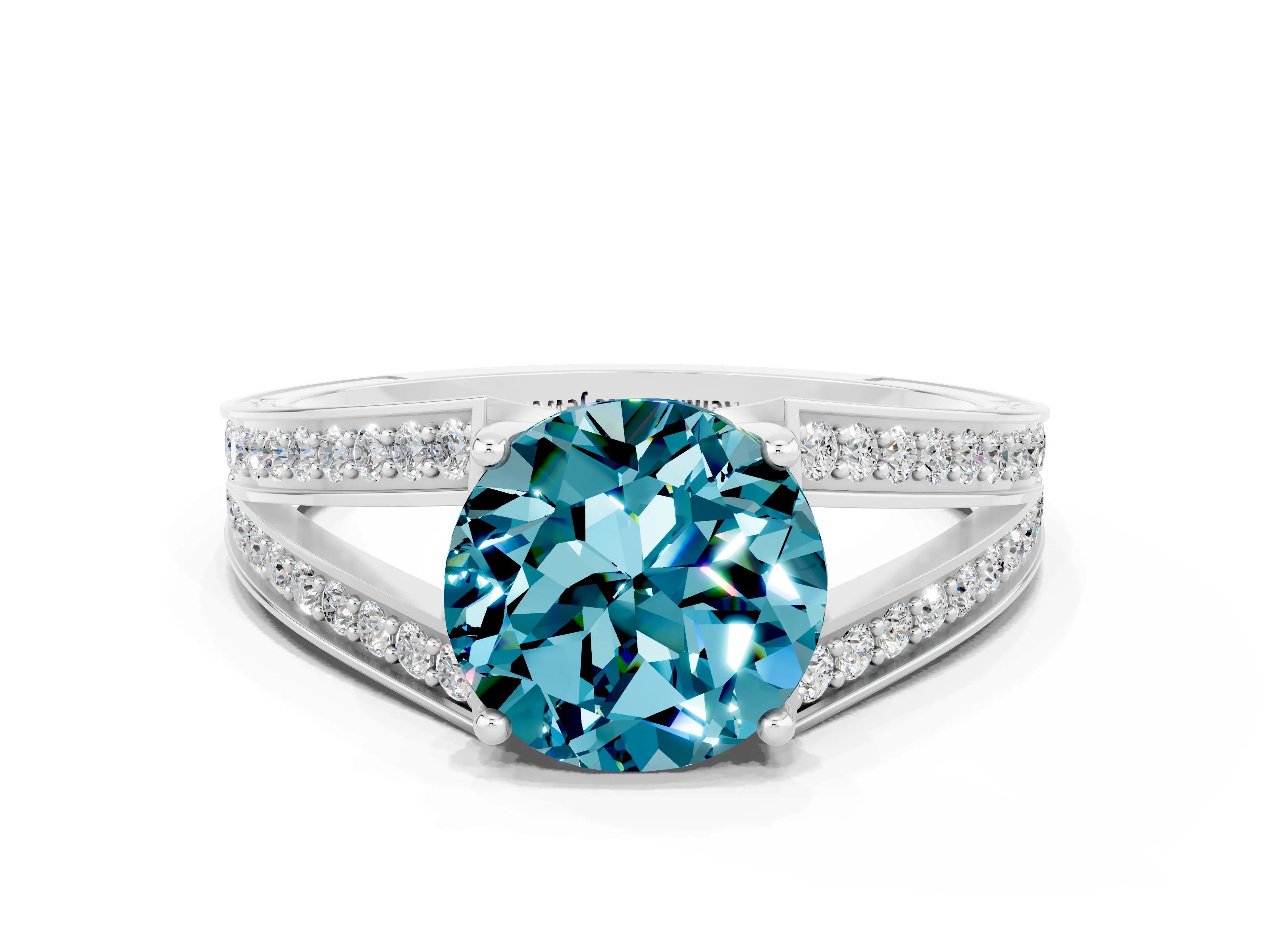 White gold Round Cut Blue Topaz Split Shank Ring with Pavé Band and Four-Prong Setting