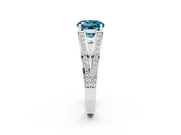 Platinum Round Cut Blue Topaz Split Shank Ring with Pavé Band and Four-Prong Setting