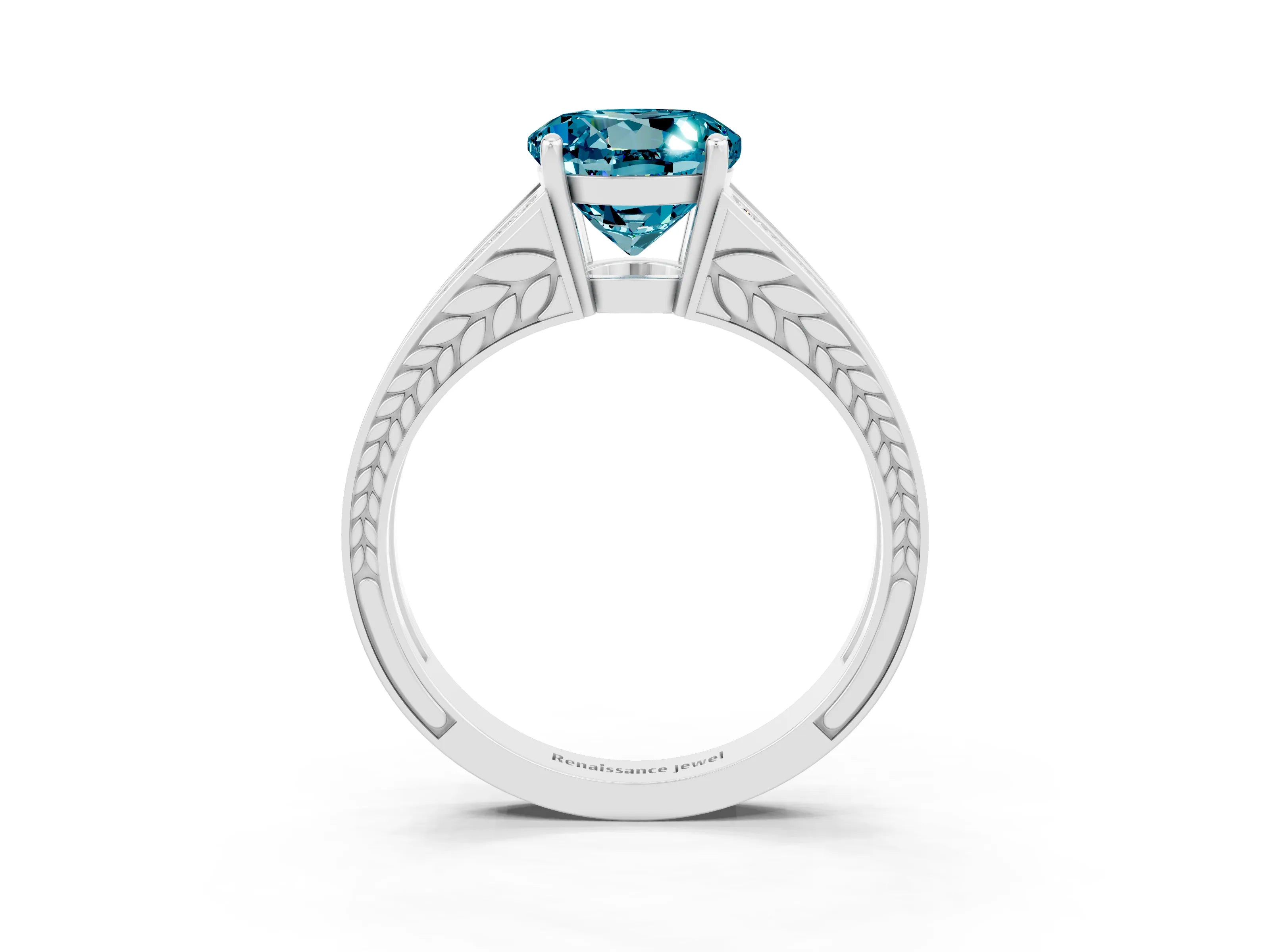 White gold Round Cut Blue Topaz Split Shank Ring with Pavé Band and Four-Prong Setting_3