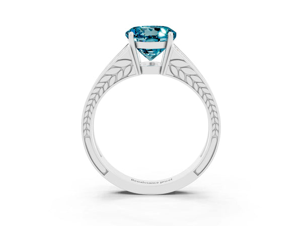 Silver Round Cut Blue Topaz Split Shank Ring with Pavé Band and Four-Prong Setting
