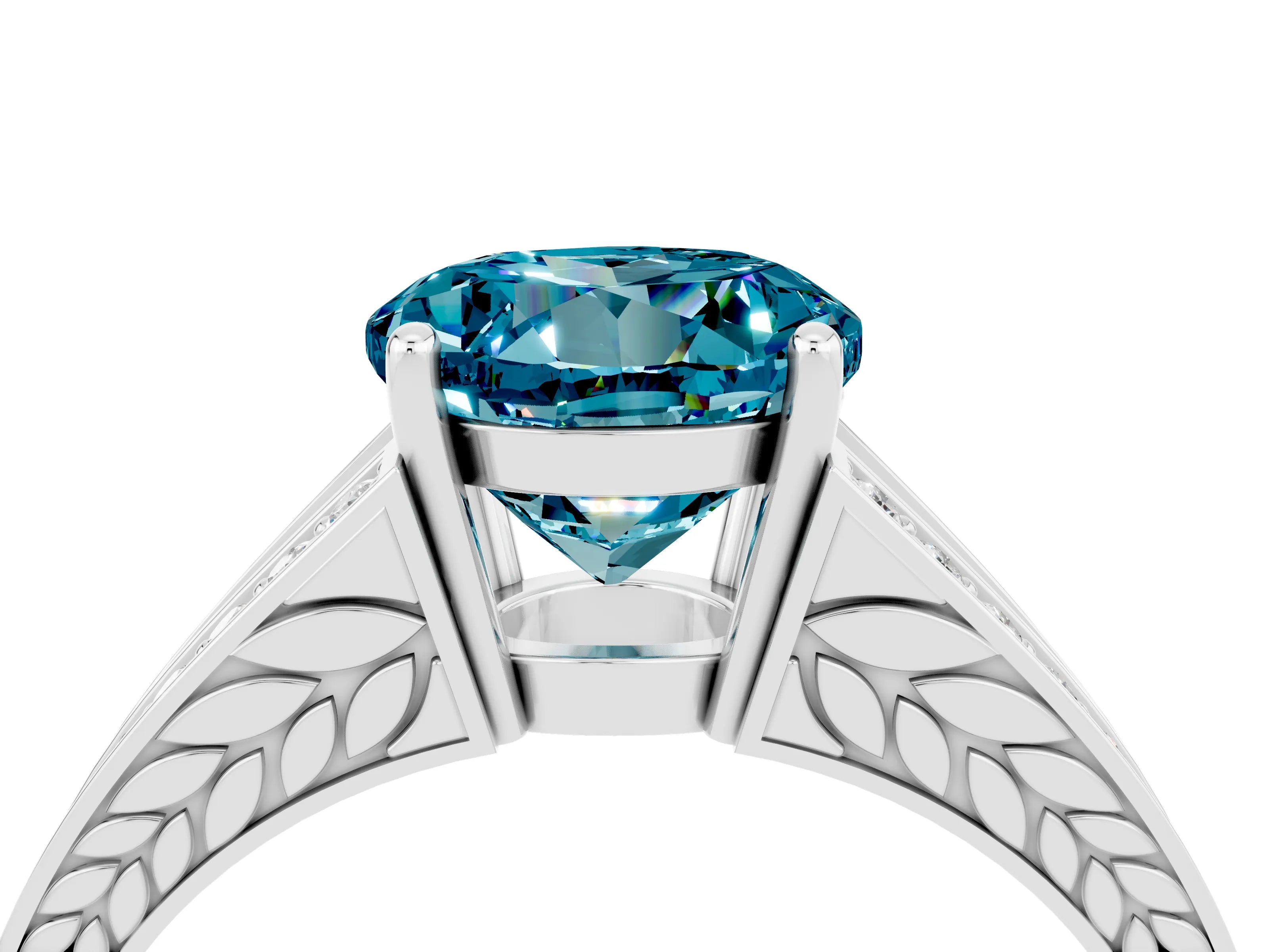 White gold Round Cut Blue Topaz Split Shank Ring with Pavé Band and Four-Prong Setting_4